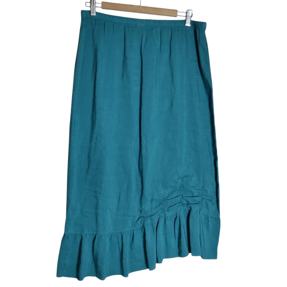 Kleen Teal Blue Linen Blend Asymmetrical Ruffle Midi Skirt Large D0449123
